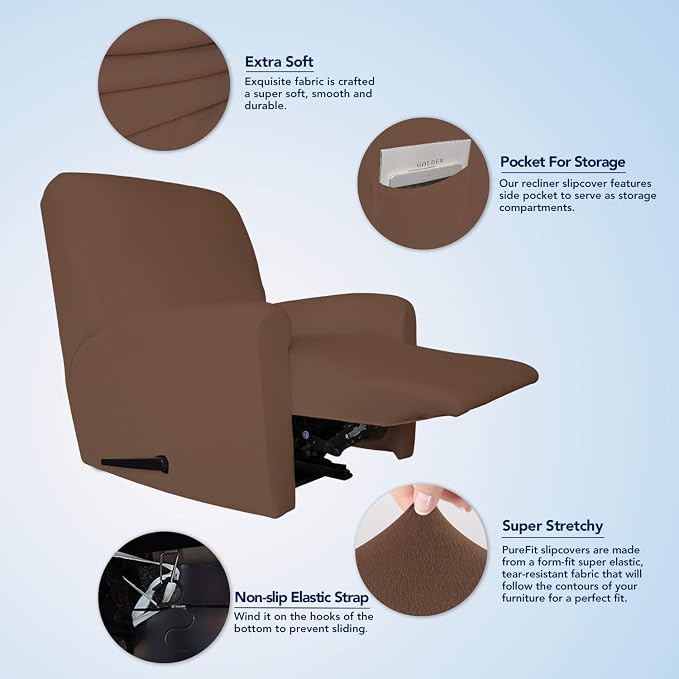 PureFit Stretc Recliner Chair Covers Fleece Soft Couch Covers for Sofa | Brown 4-Pieces Recliner Slipcover Pocket Couch Protector, Fleece Sofa Cover Washable with Non Slip Elastic Bottom