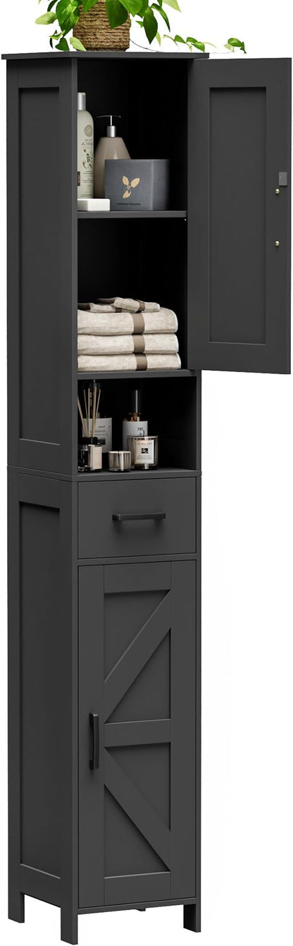 Homhedy 67" H Tall Bathroom Storage Cabinet with Barn Doors and Drawer | Narrow Storage Unit with Adjustable Shelves, Floor Cabinet for Bathroom, Living Room, Entryway or Kitchen, Black, 11.8" W