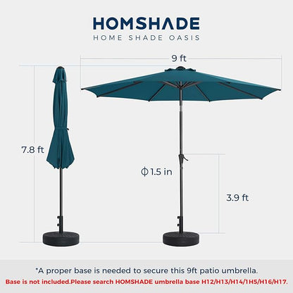 HOMSHADE 9ft Outdoor Patio Umbrella - Market Table Pool Deck Umbrella UPF50+ UV Protection with Push Button Tilt, Crank and 8 Sturdy Ribs (Peacock Blue, No base)