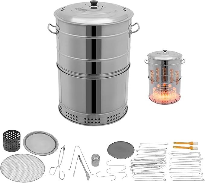 Stainless Steel Charcoal Grills Barrel, Smokeless Outdoor BBQ Grill Barrel with 50 Skewers, 360° Cylinder Charcoal Grill Barbecue Grill for Camping Travel Picnic Outdoor Cooking Backyard
