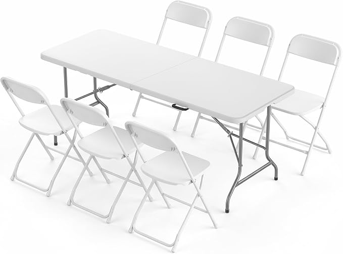 Sweetcrispy 6 FT Folding Picnic Table with 6 White Folding Chairs, Easy to Fold and Store, Foldable Table for Camping Picnic Dining Party Kitchen Outdoor Indoor with Carrying Handle