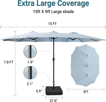15ft Patio Umbrella with Base, 10-Year-No-Fade Large Outdoor Double-Sided Market Umbrella with UPF50+Terylene Polyester Fabric and Crank for Poolside Garden Deck Backyard Beach Pools