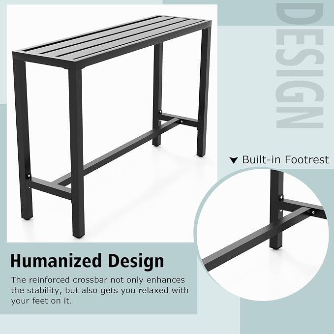 COSTWAY Outdoor Bar Table 55-inch Wide, Narrow Counter Height Dining Table with Waterproof Top and Heavy-Duty Metal Frame, Rectangular Pub Table for Garden Patio Backyard Poolside, Black | with Waterproof Top and Heavy-Duty Metal Frame, Rectangular Pub...
