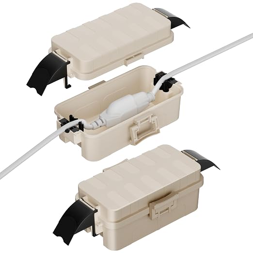 Flemoon 2 Pack IP55 Small Outdoor Electrical Box Waterproof for Power Strip | Inner 5.9 x 3.2 x 1.8inch, Extension Cord Cover with Detachable Awning Covers for Plug, Outlet, Holiday Lights, Almond