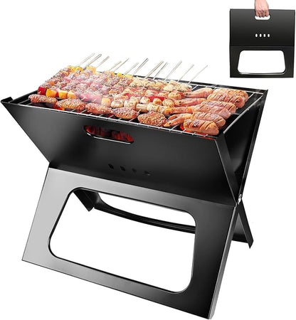 Folding Charcoal Grills, Black Notebook-Style Small Portable BBQ Grill for Outdoor Camping, Picnics, Cooking, Bonfire, Patio, Backyard