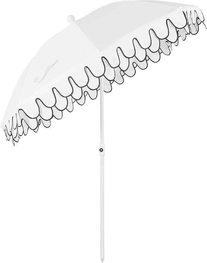 JONATHAN Y Horizon 6.5 ft. Scalloped Fringe Beach Umbrella, White | UV 50 Sun Protection, Push Button Tilt, Matching Carry Bag, Iron Pole, Wind Vent, 8 Fiberglass Ribs, Pointed End, Black Trim