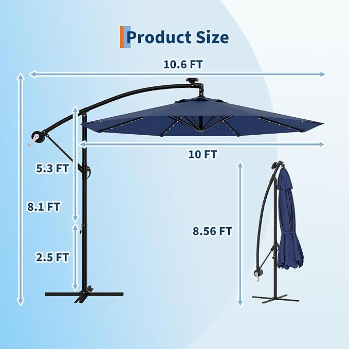 Garvee 10FT Solar Lights Offset Patio Umbrella with Cross Base, Navy Blue | Cantilever Umbrella with Easy Lift & Tilt Adjustment, 8 Ribs Sun umbrella UV Protection for Backyard, Pool, Garden