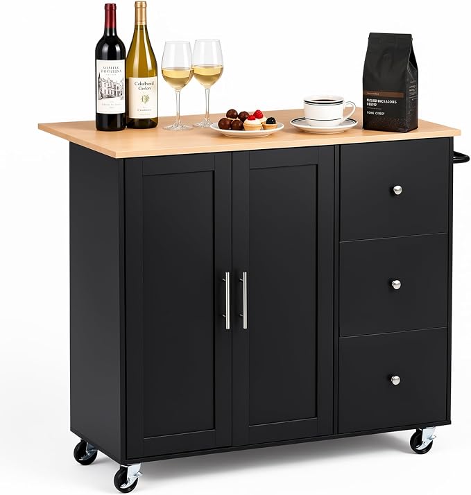 VEVOR Kitchen Island Cart with Storage, 42.4 in Wide Mobile Rolling Storage Island on Swivel Wheels, with 3 Drawers, Storage Cabinet, Drop Leaf, Towel Rack, Table for Home Dining Room, Black
