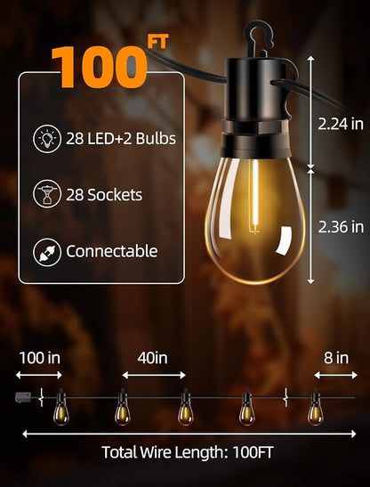 Outdoor Patio String Lights: S14 Shatterproof Bulb Outside Waterproof Light - 100FT 30M Remote Dimmable Connectable Hanging Outdoor Electric Lighting - Garden Backyard Yard Gazebo Porch Party