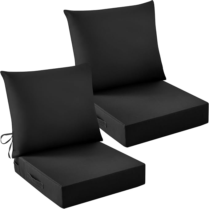 Outdoor Chair Cushions, 24 x 24 Inch Outdoor Cushion for Patio Furniture, Patio Chair Cushion, Waterproof & Fade Resistant Deep Patio Furniture Cushions Set with Handle and Ties, Black (Set of 2)