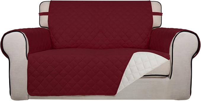 PureFit Reversible Quilted Couch Covers for Dogs Loveseat Sofa Cover 46.5” | Red/Ivory, Water Resistant Couch Protector, Washable Pet Couch Cover with Non Slip and Elastic Straps For Kids