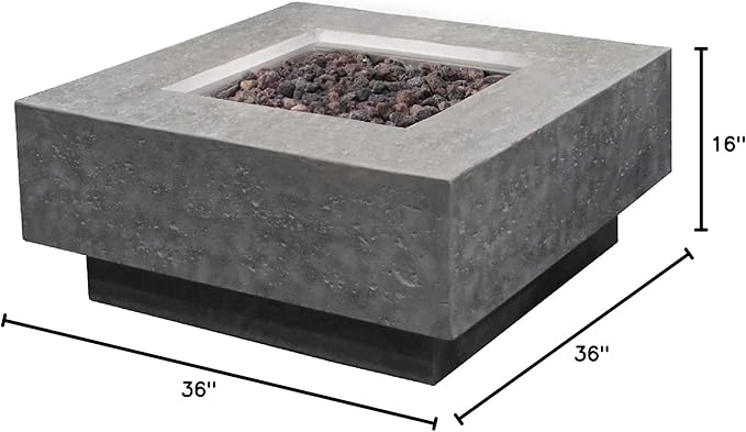 Elementi Manhattan Outdoor Fire Pit Table 36 Inches Square Firepit Concrete Patio Heater Electronic Ignition Backyard Fireplace Cover Lava Rock Included Liquid Propane