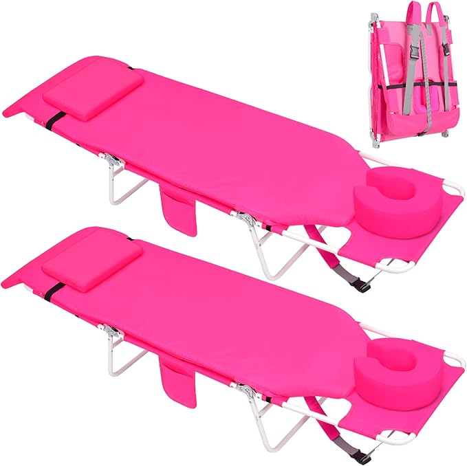 3 in 1 Women Comfort Backpack Beach Tanning Lounge Chair with Cushion Face Hole Softer Adjustable Washable, Layout Sun Chair for Adults Outside Reading Sunbathing Poolside, 6 Position, 2 Pack, Pink