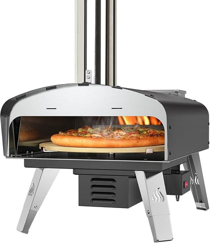 Mimiuo Auto-Rotating Wood Pellet Pizza Oven Outdoor 40Lbs, 60S Bake w/Stone | Heavy Duty, Fast Baking, Complete Baking Tool (Automatic Spinning System, Stone, Peel & Cover), Easy Operation