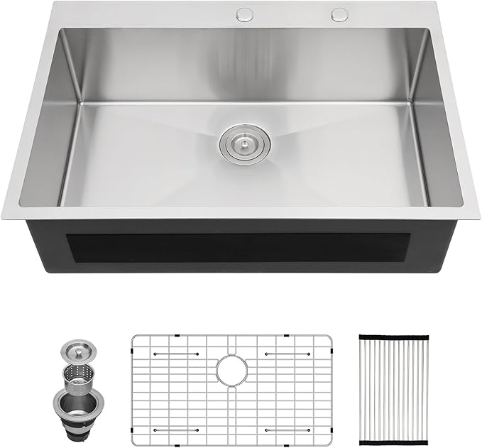 30x22 Drop In Kitchen Sink - Couoko 30 Inch 16 Gauge T304 Stainless Steel Drop In Sink Large Deep Handmade Single Bowl Kitchen Sinks with Accessories, 30"x22"x9"
