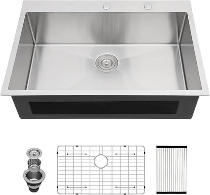 30x22 Drop In Kitchen Sink - Couoko 30 Inch 16 Gauge T304 Stainless Steel Drop In Sink Large Deep Handmade Single Bowl Kitchen Sinks with Accessories, 30"x22"x9"