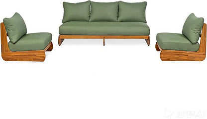 Merax 3 Piece Patio Outdoor Furniture Set, All-Weather Acacia Wood 3-Seater Daybed Sofa, 2 Chaise Lounge Chairs with Thick Cushions for Porch, Lawn, Backyard, Balcony, Green+Teak