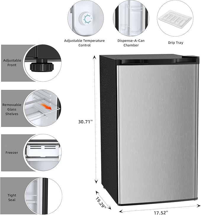 COWSAR 3.2 Cu.Ft Mini Fridge with Freezer, Freestanding Compact Refrigerator with Reversible Door & 7-Speed Thermostat, Small Fridge for Office, Apartment, Gameroom (STEEL)