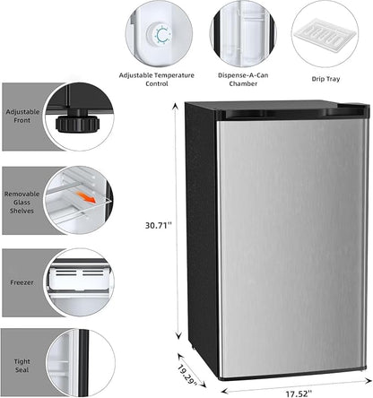 COWSAR 3.2 Cu.Ft Mini Fridge with Freezer, Freestanding Compact Refrigerator with Reversible Door & 7-Speed Thermostat, Small Fridge for Office, Apartment, Gameroom (STEEL)