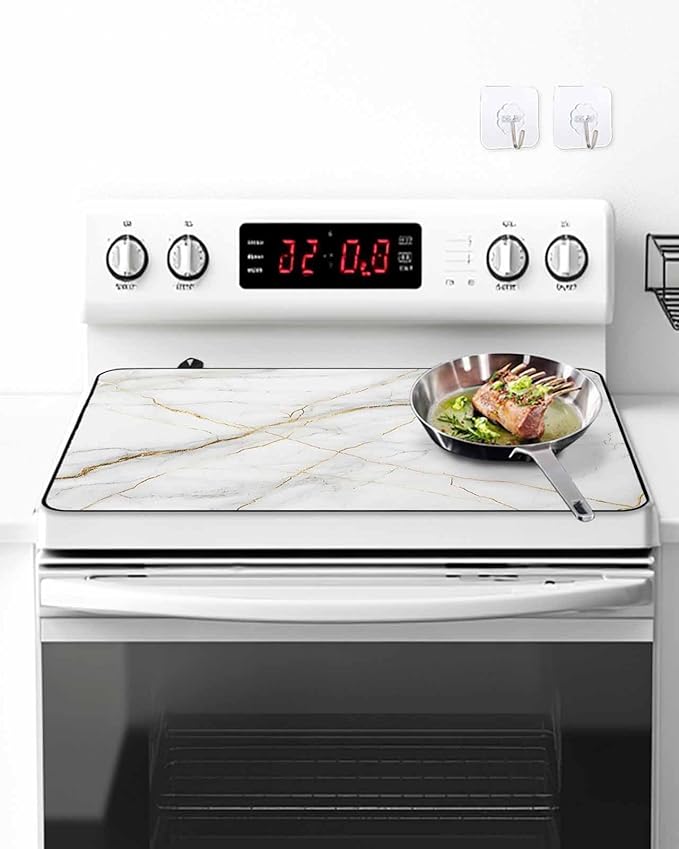 Stove Top Covers for Electric Stove 28.5x20.5 Inches, White Marble HeatResistant Glass Cooktop Protector, Nature Marble Crack Yellow-golden Lines Ceramic Stovetop Countertop Covers Mat, Oven Cover