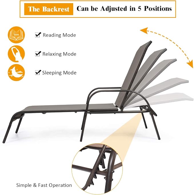 Tangkula Lounge Chair Outdoor, Patio Chaise Lounge with Adjustable Backrest, Reclining Pool Lounge Chair for Outside with Heavy Duty Steel Frame, Suitable for Beach, Yard, Balcony, Poolside