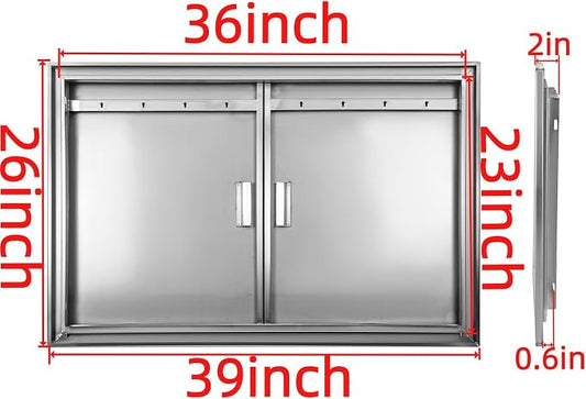 Outdoor Kitchen Door 39" W x 26" H Stainless Steel BBQ Double Access Door Flush Mount Vertical Wall Doors with Handle and Hooks Suitable for Grilling Station Outside Cabinet Outdoor Kitchen