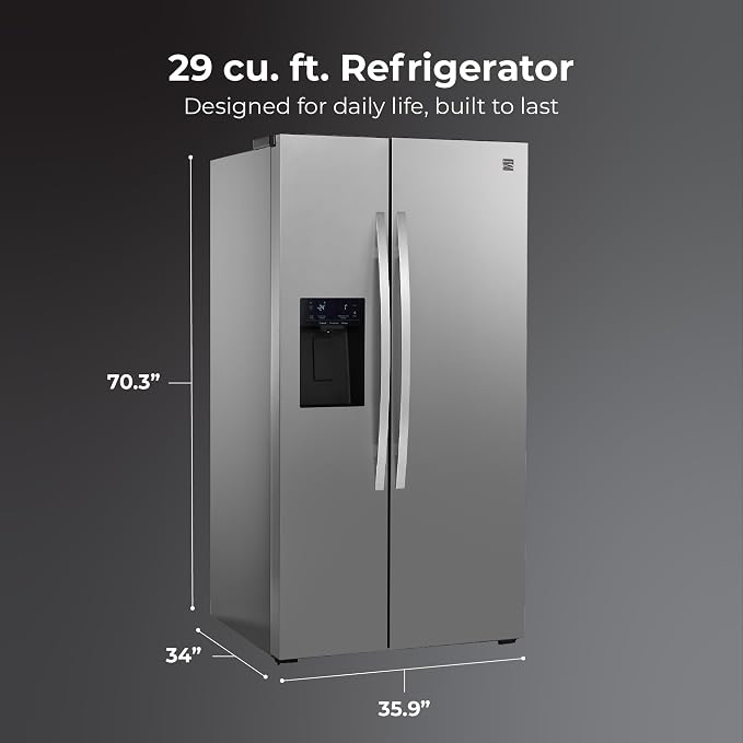 Kenmore 29 cu. ft. 36" Wide Side-by-Side Refrigerator - FPR Stainless Steel | Space Saving Ice & Water Dispenser, Accela Chill, Accela Freeze, Adjustable Glass Shelving, Fingerprint Resistant SS