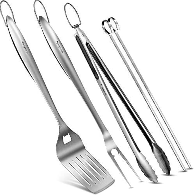 Heavy Duty Utensils 3-4 Piece Set. Spetula, Fork Tong, and skewers (5 Piece)
