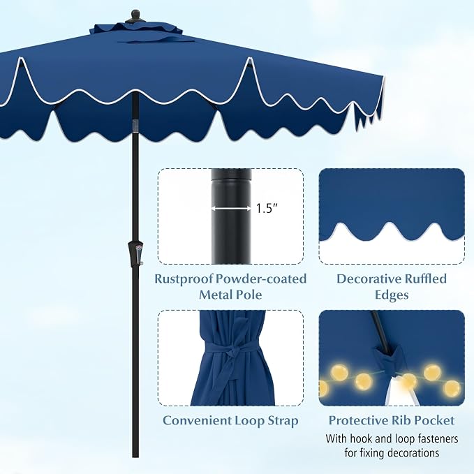 Tangkula 9Ft Patio Umbrella with Crank, 2-Tier Outdoor Umbrella with Push Button Tilt, Sun-Protective Canopy, 8 Ribs, Scalloped Patio Umbrella for Outdoor Beach Deck Pool Table (Blue)
