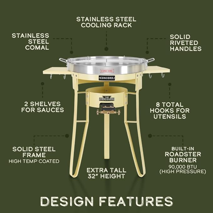 Concord The Herdsmen Stainless Steel Comal with Single Propane Cast Iron Roadster Burner Set. Great Outdoor Stove for Discada, Tacos, Street Vendor, Etc.… (Egg Shell)