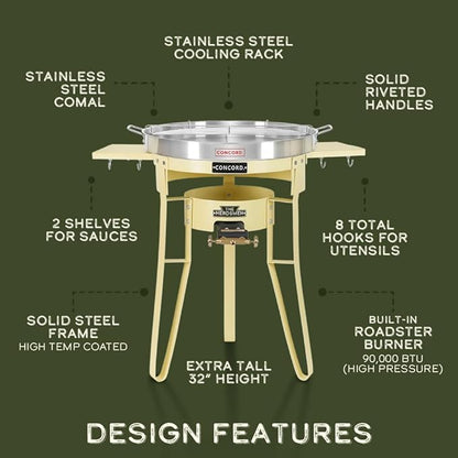 Concord The Herdsmen Stainless Steel Comal with Single Propane Cast Iron Roadster Burner Set. Great Outdoor Stove for Discada, Tacos, Street Vendor, Etc.… (Egg Shell)