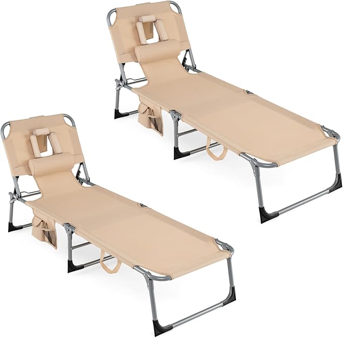 COSTWAY Tanning Chair with Face Hole, Folding Beach Lounge Chair with 4-Position Adjustable Backrest, Pillow & Side Pocket, Foldable Chaise Lounge Chair Outdoor for Sunbathing, Camping (2, Beige)
