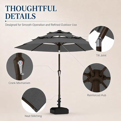 10ft Patio Umbrella, 3-Tier Vented Outdoor Table Umbrella with 8 Sturdy Fiberglass Ribs, Windproof Market Umbrella with Push Button Tilt and Crank, UV Protection for Deck, Pool, Grey