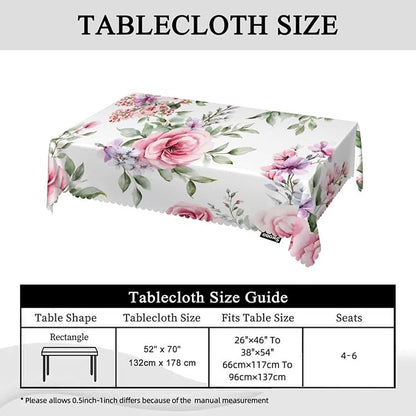 Swono Rose Table Cloth Rectangle Tables Watercolor Pink Flowers Rose Leaves Kitchen Table Cover Oblong 52"X70" Tablecloth for Dining Table Buffet Parties Patio and Camping