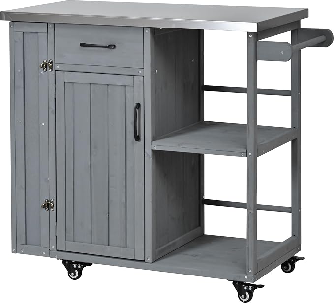 JIVOIT Outdoor Kitchen Island with Stainless Steel Worktop, Fir Wood Prep Station Lockable Kitchen Cart with Ample Storage Space, Towel and Spice Racks for Patio and Outdoor (Grey/122)