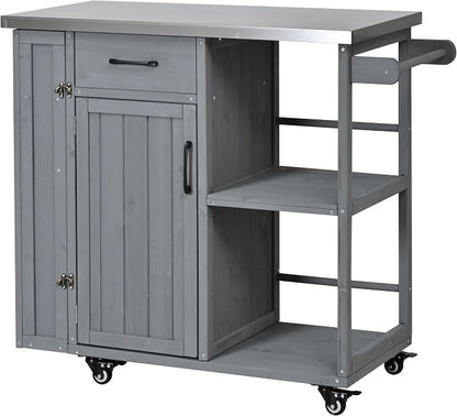 JIVOIT Outdoor Kitchen Island with Stainless Steel Worktop, Fir Wood Prep Station Lockable Kitchen Cart with Ample Storage Space, Towel and Spice Racks for Patio and Outdoor (Grey/122)
