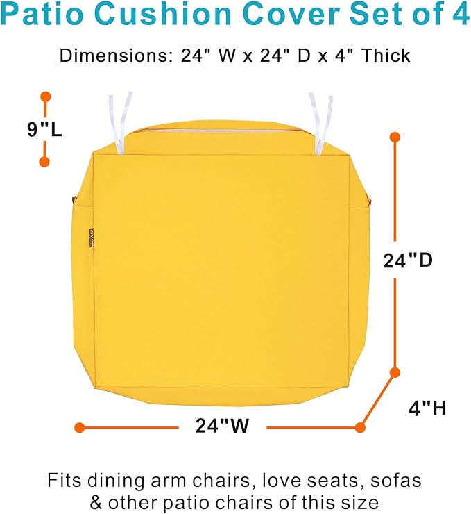 NettyPro Patio Chair Seat Cushion Covers Set 4, Waterproof Outdoor Furniture Cushion Slipcovers with Zipper and Tie, 24 x 24 x 4 Inch, Replacement Cover Only, Yellow