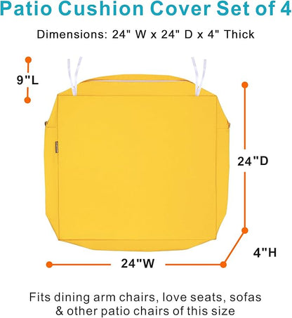 NettyPro Patio Chair Seat Cushion Covers Set 4, Waterproof Outdoor Furniture Cushion Slipcovers with Zipper and Tie, 24 x 24 x 4 Inch, Replacement Cover Only, Yellow