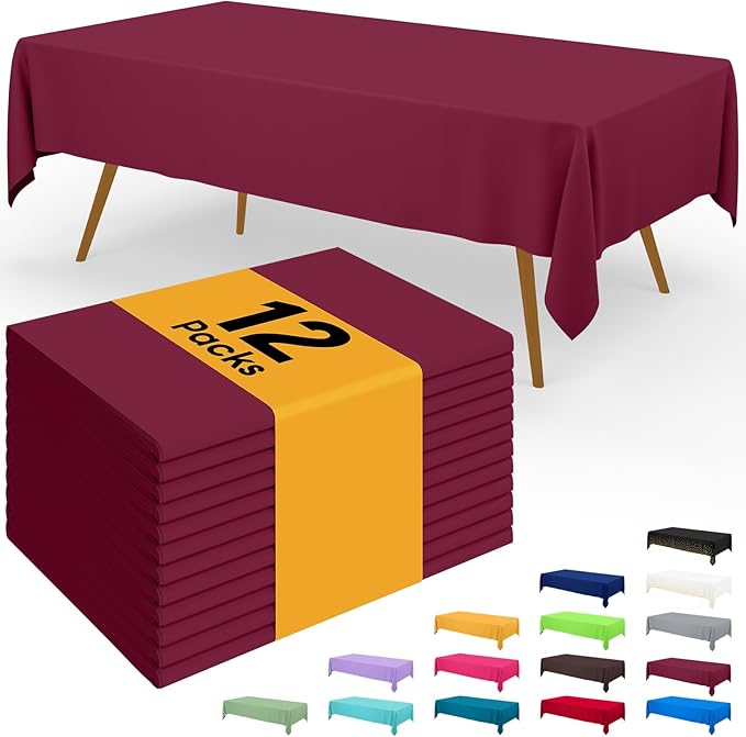 Smiry Disposable Table Cloth - 12 Pack, 54 x 108 Inch Waterproof Rectangle Tablecloths for Parties, Decorative Plastic Table Cover, Leakproof & Sturdy, Wine Red