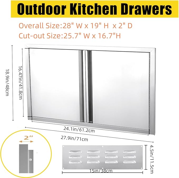 GarveeLife BBQ Access Door 28W X 19H Inch, Grill Door Double Door Brushed Stainless Steel with Recessed Handle, Outdoor Kitchen Doors for BBQ Island, Grill Station, Outside Cabinet