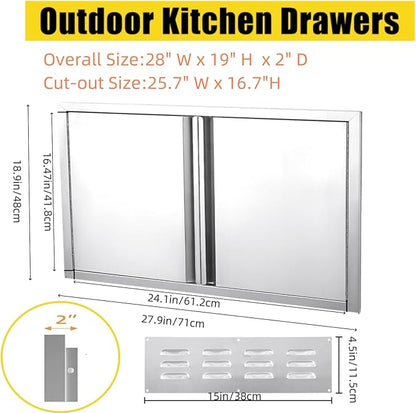 GarveeLife BBQ Access Door 28W X 19H Inch, Grill Door Double Door Brushed Stainless Steel with Recessed Handle, Outdoor Kitchen Doors for BBQ Island, Grill Station, Outside Cabinet