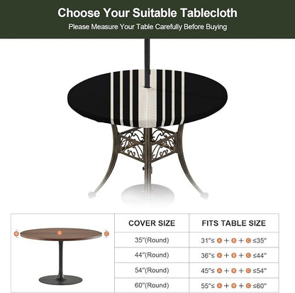 Outdoor Fitted Tablecloth with Umbrella Hole and Zipper, Black Beige Striped Elastic Round Patio Table Cover, Farmhouse Retro Lines Modern Windproof Table Protector for Backyard BBQ Party 31''-35''