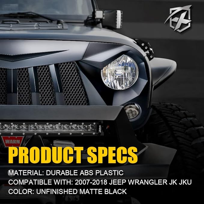 Xprite Matte Black Front Grill Grid Grille w/Mesh Compatible with Jeep Wrangler Rubicon Sahara Sport JK 2007-2018