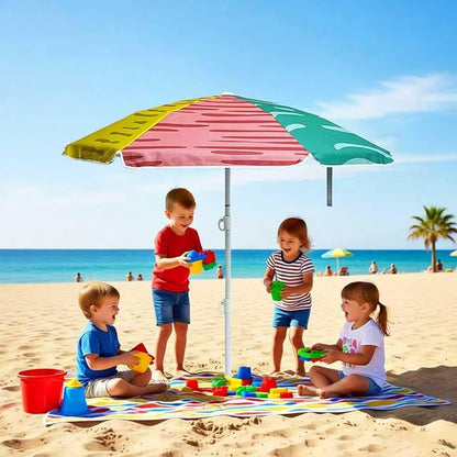 LOTTAFUN 5ft Beach Umbrella Diameter 0.99-1.2 Inch Pole Resistant UV 50+ Portable Sun Shade with Sand Anchor & Carry Bag, Outdoor Folding Umbrella for Beach,Pool,Patio,Garden (3 Color Block) NO Tilt The sand needs to be over 5 inches above the bottom