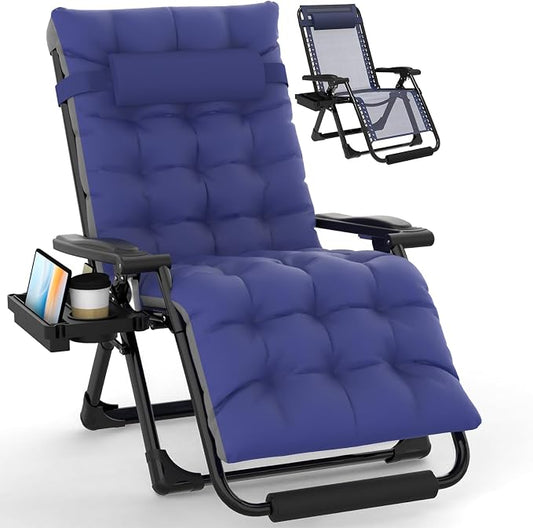Slendor Oversized Zero Gravity Chairs XL, 29in Padded Recliner Chair, Blue | Reclining Lounge Chair, Folding Anti Gravity Chairs w/Aluminum Alloy Lock,Headrest,Cup Holder, Support 440lbs,for Lawn Patio