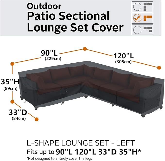 Heavy Duty Outdoor Sectional Sofa Cover, 90"X120" L Shaped Waterproof 600D Patio Furniture Covers, Lawn Patio Couch Protector (Midnight Black, L-Shaped-Left Facing-90 x120)