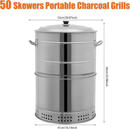Large Portable Charcoal Grills, Stainless Charcoal BBQ Grill Barrel 360° Smokeless Outdoor with 50 Skewers, Boiling Pot Barbecue Smoker Grill for Travel, Outdoor Cooking and BBQ