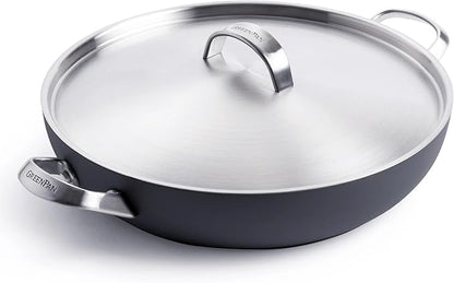 GreenPan Paris Pro Hard Anodized Healthy Ceramic Nonstick, 11" Everyday Frying Pan Skillet with 2 Handles and Stainless Steel Lid, PFAS-Free, Dishwasher Safe, Grey