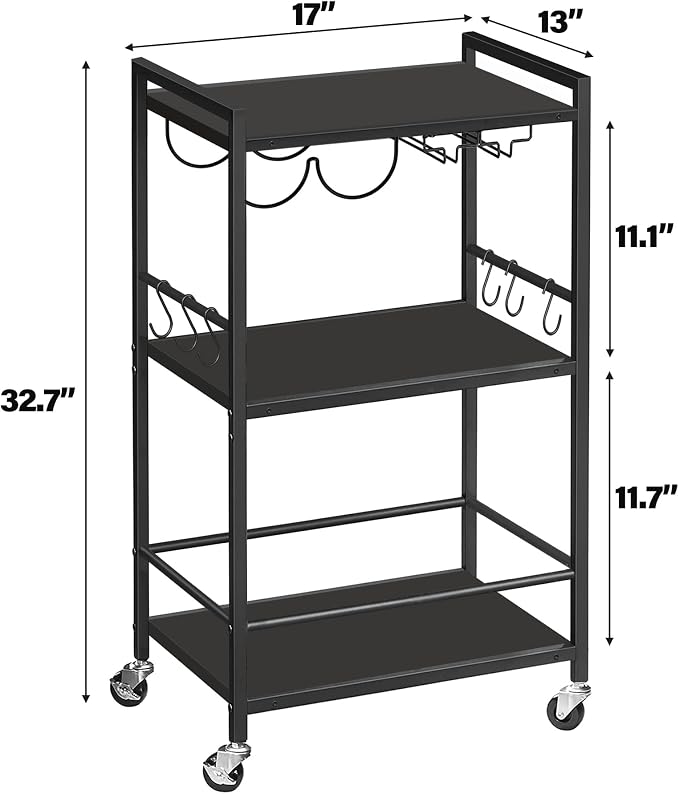 TUTOTAK Bar Cart with Wheels, Drink Cart with Wine Rack and Glass Holder | 3-Tier 17 Inch Wide Home Bar Serving Carts, Small Mobile Kitchen Shelf with 6 Hooks, Black BC01BK032
