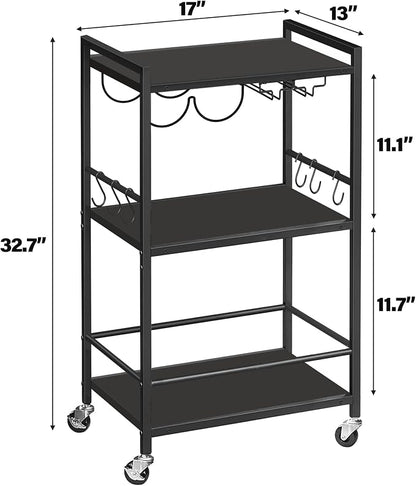 TUTOTAK Bar Cart with Wheels, Drink Cart with Wine Rack and Glass Holder | 3-Tier 17 Inch Wide Home Bar Serving Carts, Small Mobile Kitchen Shelf with 6 Hooks, Black BC01BK032